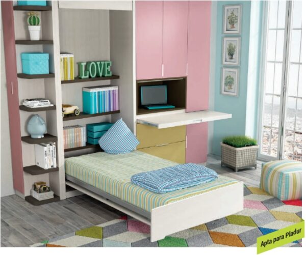 CAMA ABATIBLE VERTICAL G-LINE 105X190 ARMARIO LIBRERÍA Y MESA EXTRAIBLE LVMR 16